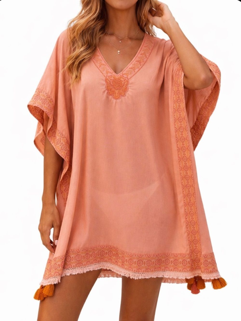 Cabana Life Embroidered Beach Cover-Up Kaftan Size Large Peach Boho Swim Coverup
